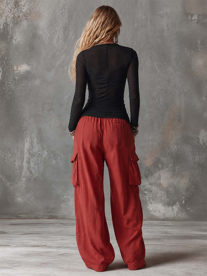 Retro Casual Workwear Style Black V-Neck Mesh Long-sleeved Top And Red Cotton Pants Set