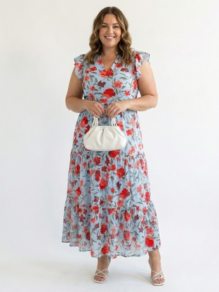Danica™ | Floral V-Neck Tiered Midi Dress
