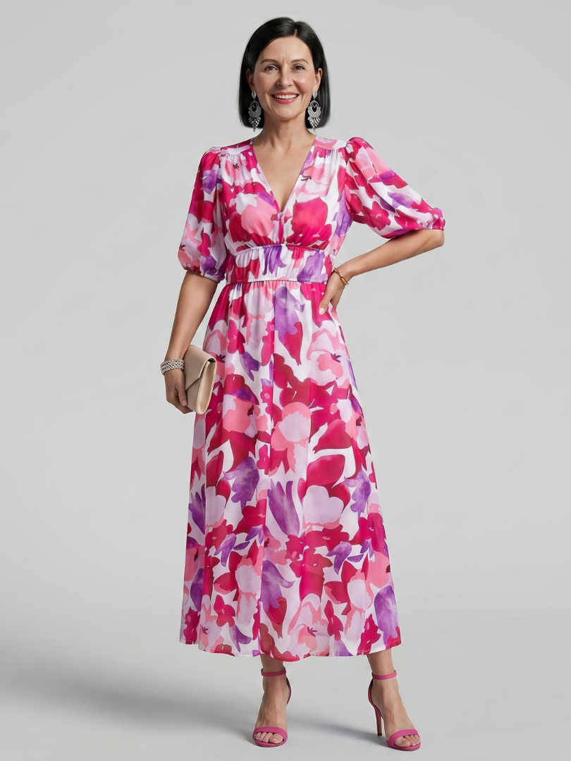 Candlia™ | Puff Sleeve V Neck Abstract Print Midi Dress