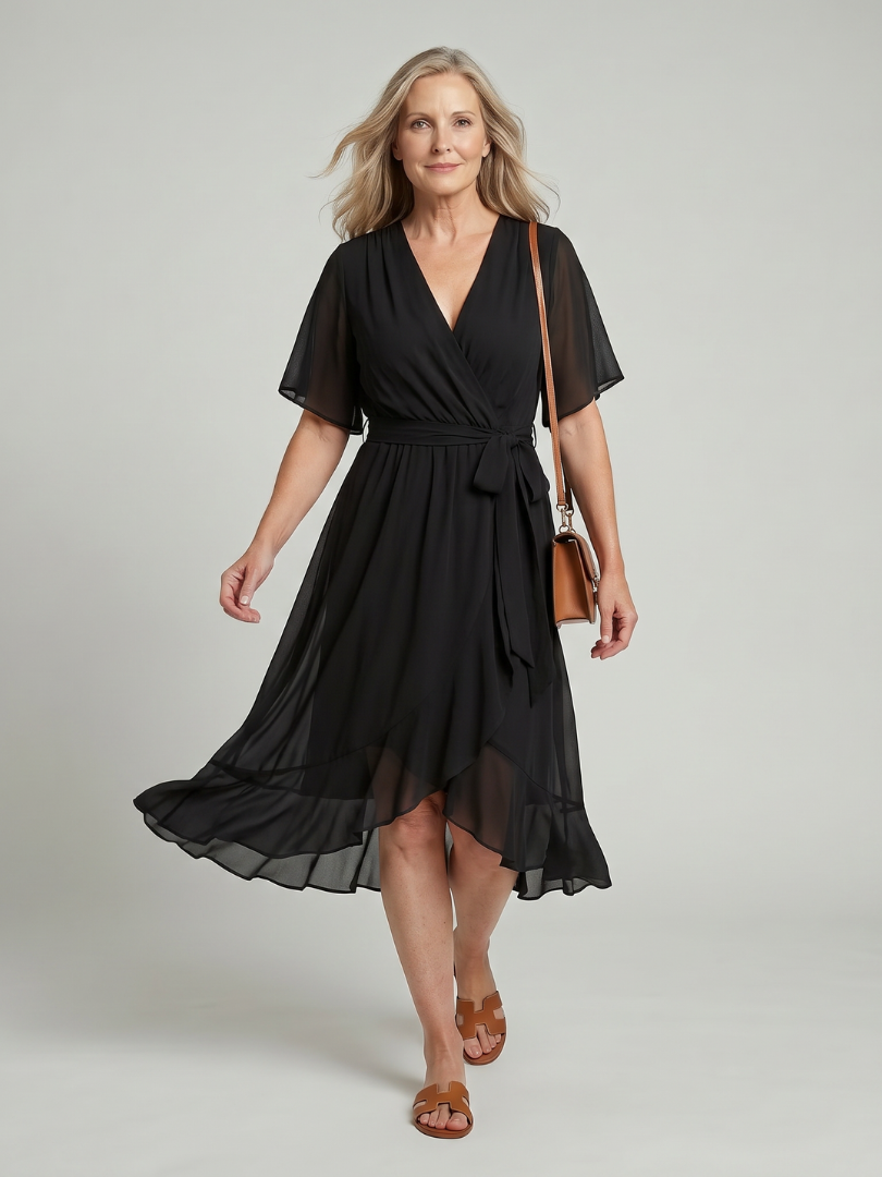 Keziah™ | Short Sleeve Wrap Soft Flowing Hem Midi Dress