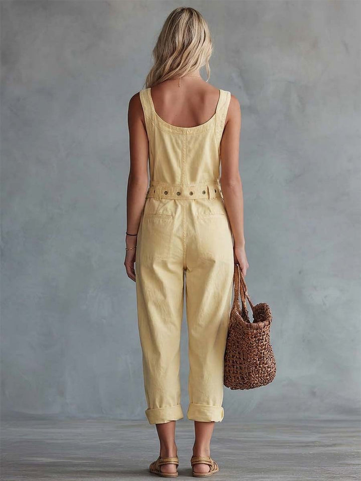 Casual Retro Square Neck Front Zipper Light Yellow Denim Jumpsuit