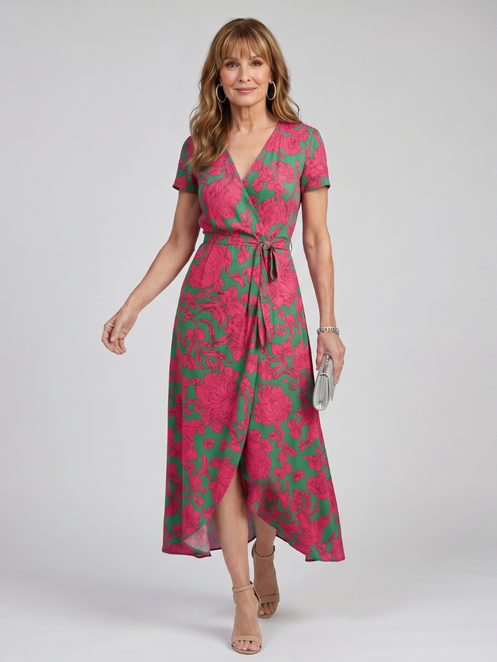 Priya™ | Short Sleeve Floral Wrap Midi Dress