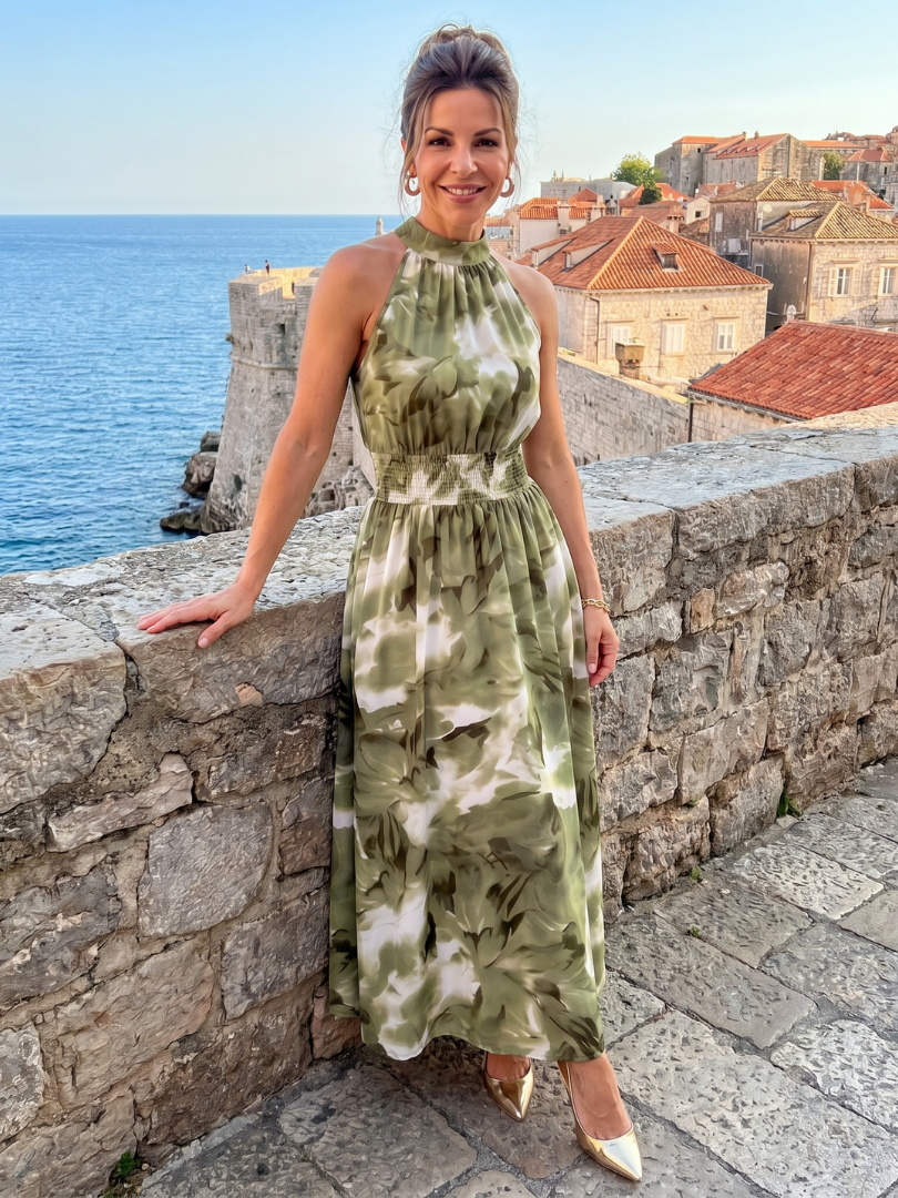 Dottie™ | Gathered Waist Abstract Print Midi Dress