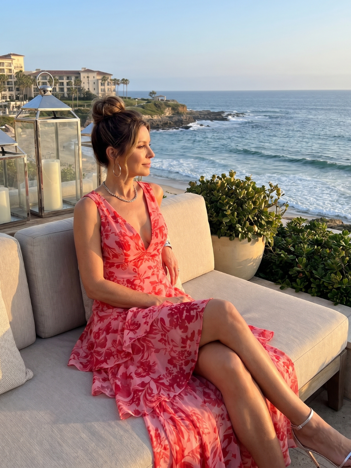 Gala™ | Deep V Sleeveless Painterly Pattern Midi Dress