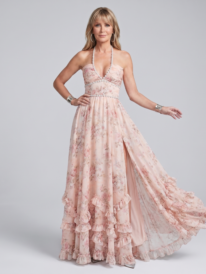 Alessia™ | Halter Neck Floral Beaded Strap Maxi Dress