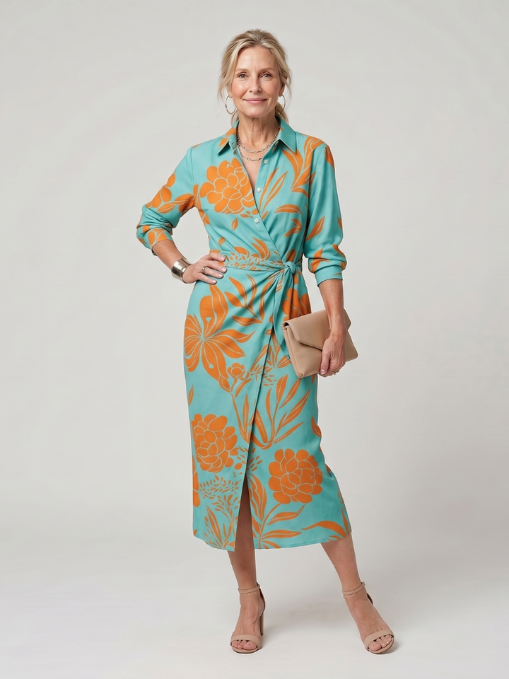 Leya™ | Long Sleeve Collared Wrap Stripe Pattern Midi Dress
