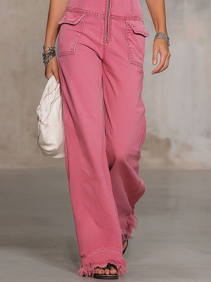 Retro Pink Denim Sleeveless Jumpsuit