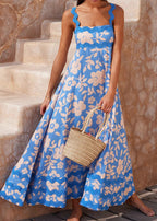 Blue Floral Lace Stitching Wave Suspender Maxi Dress