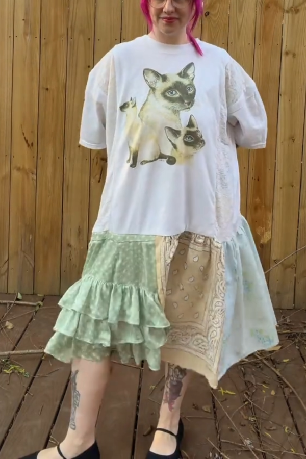 Kitten-Print Splice Dress