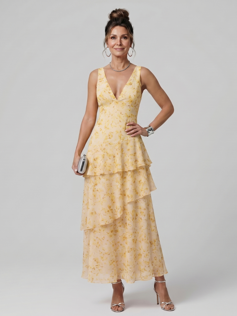 Gala™ | Deep V Sleeveless Painterly Pattern Midi Dress