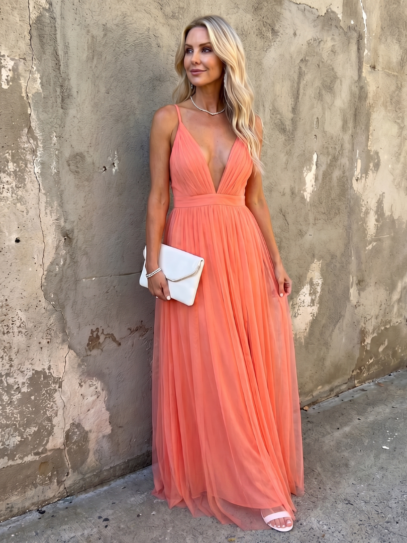 Tia™ | Deep V Strap Pleated Maxi Dress