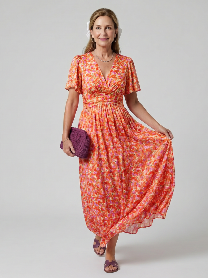 Cynthia™ | Short Sleeve Ditsy Floral Print Midi Dress