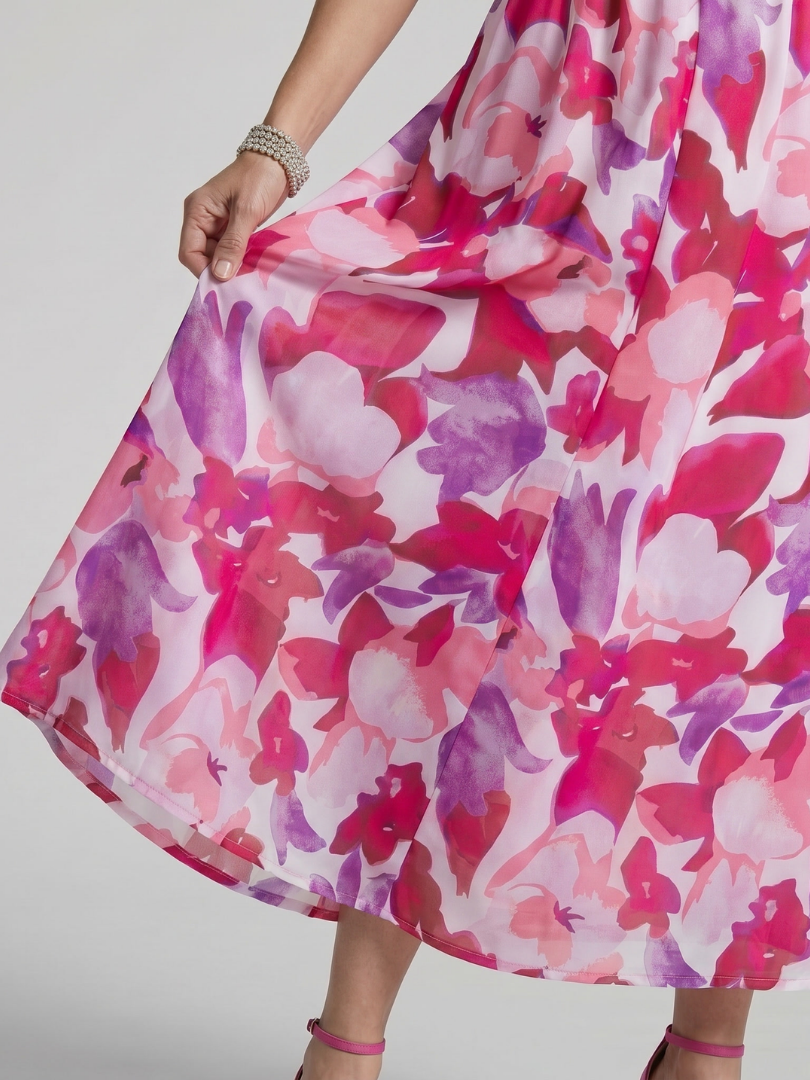 Candlia™ | Puff Sleeve V Neck Abstract Print Midi Dress