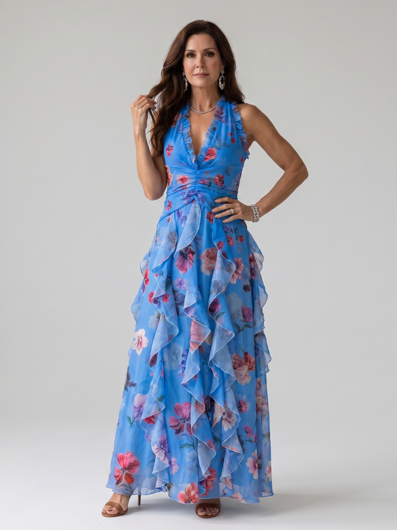 Nori™ | Halter Neck Ruched Bodice Floral Maxi Dress