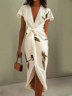 Judy | White Leaf Short Sleeve Satin Midi Dress