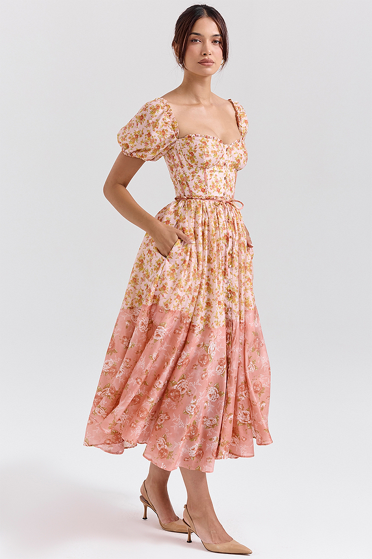 Floral Print Puff Sleeve Cinch Waist Colorblock Midi Dresses