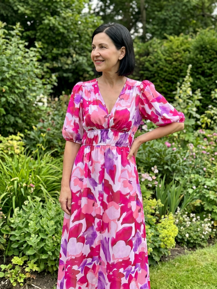 Candlia™ | Puff Sleeve V Neck Abstract Print Midi Dress
