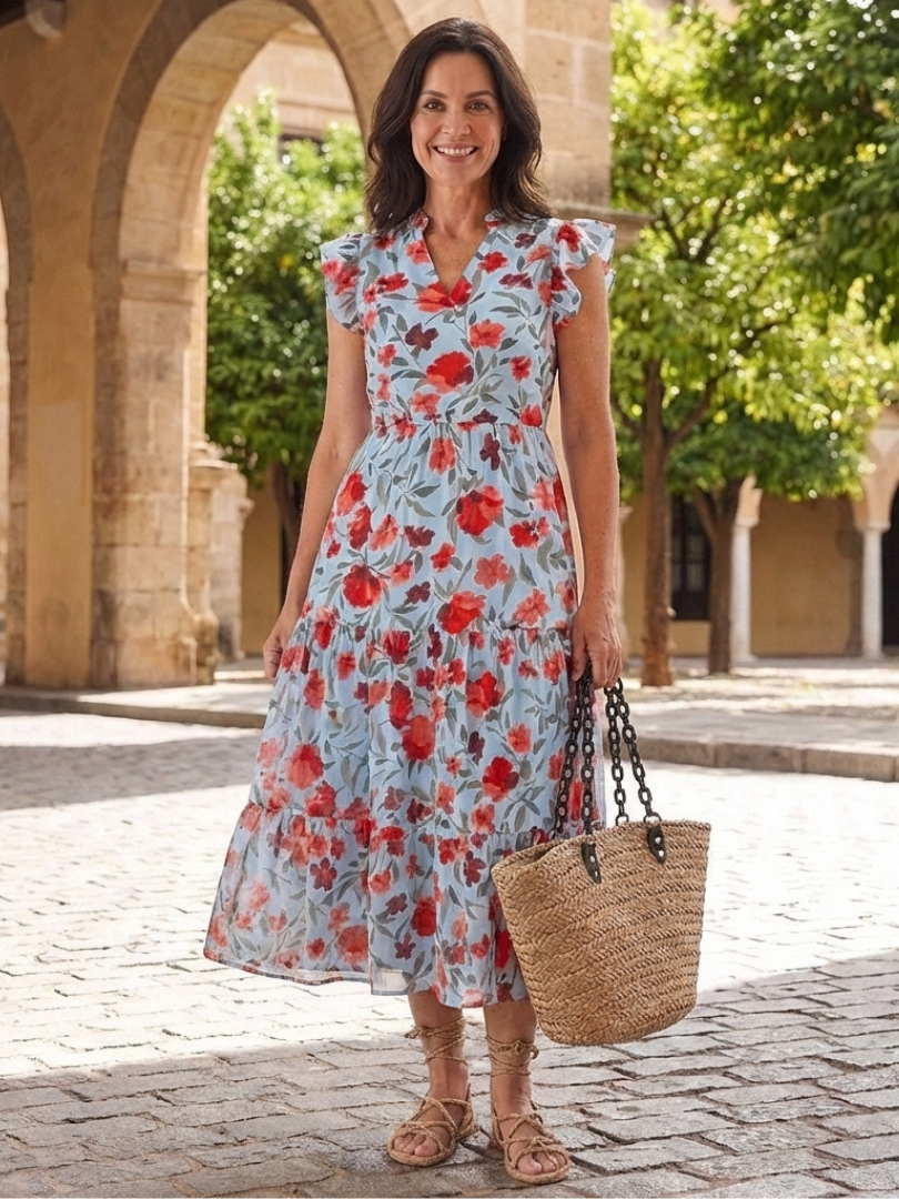 Danica™ | Floral V-Neck Tiered Midi Dress