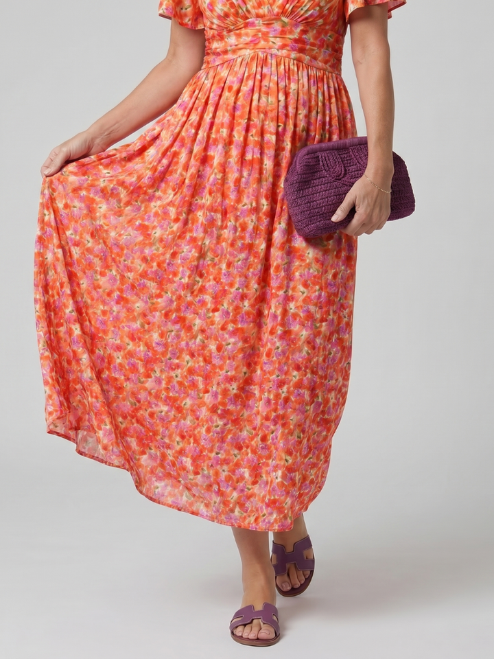 Cynthia™ | Short Sleeve Ditsy Floral Print Midi Dress