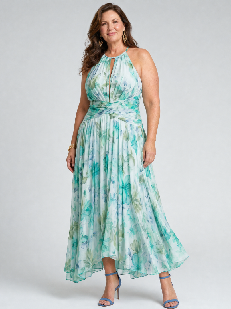 Portia™ | Pleated Halter Soft Floral Pattern Midi Dress