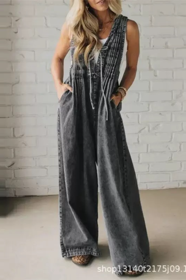 Acid Wash Pintuck Jumpsuit