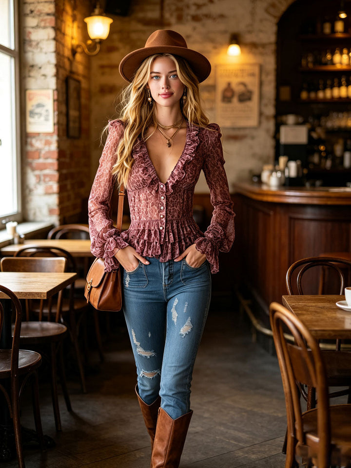 Elegant Retro Purple Leopard Print Chiffon Long-sleeved Ruffled Blouse