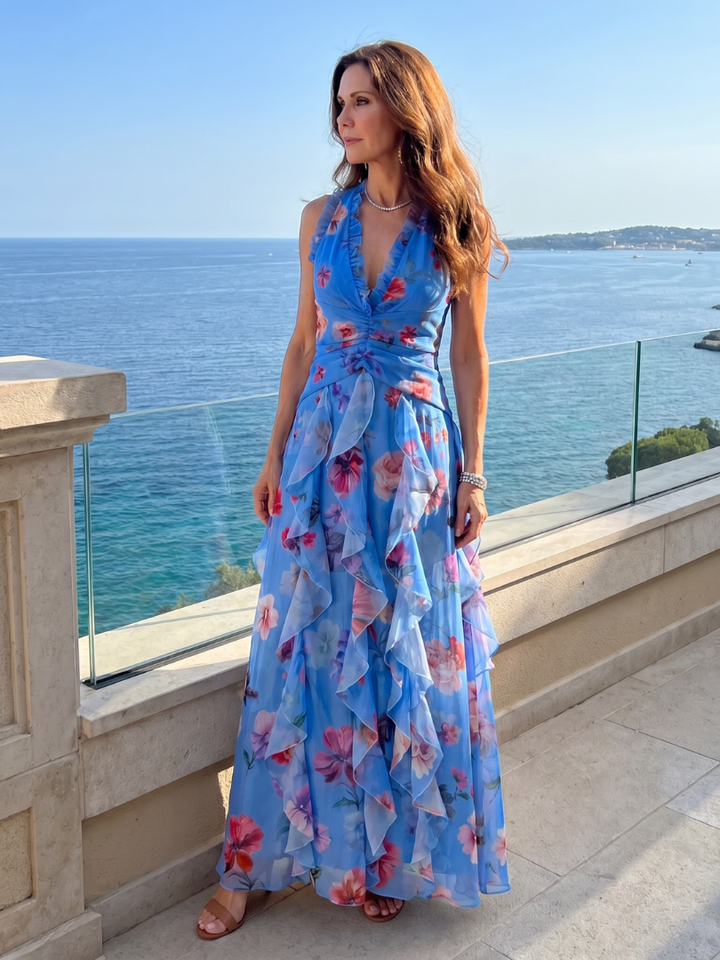 Nori™ | Halter Neck Ruched Bodice Floral Maxi Dress