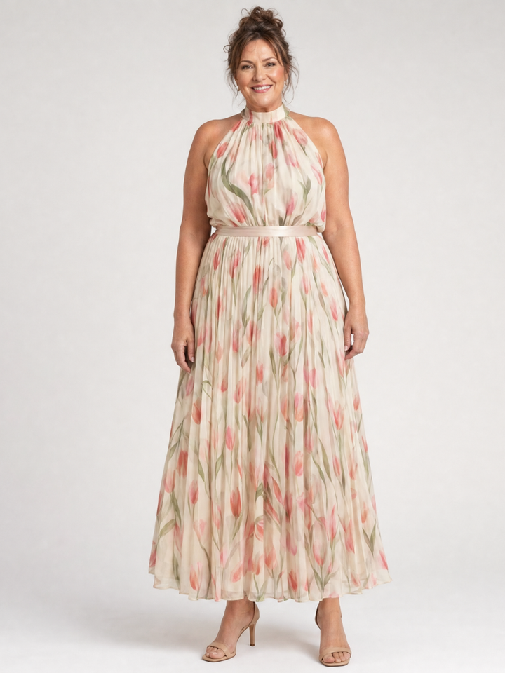 Aurelle™ | Halter Neck Floral Midi Dress