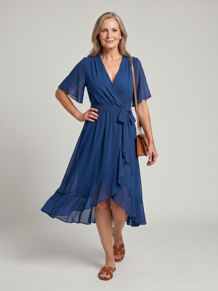 Keziah™ | Short Sleeve Wrap Soft Flowing Hem Midi Dress