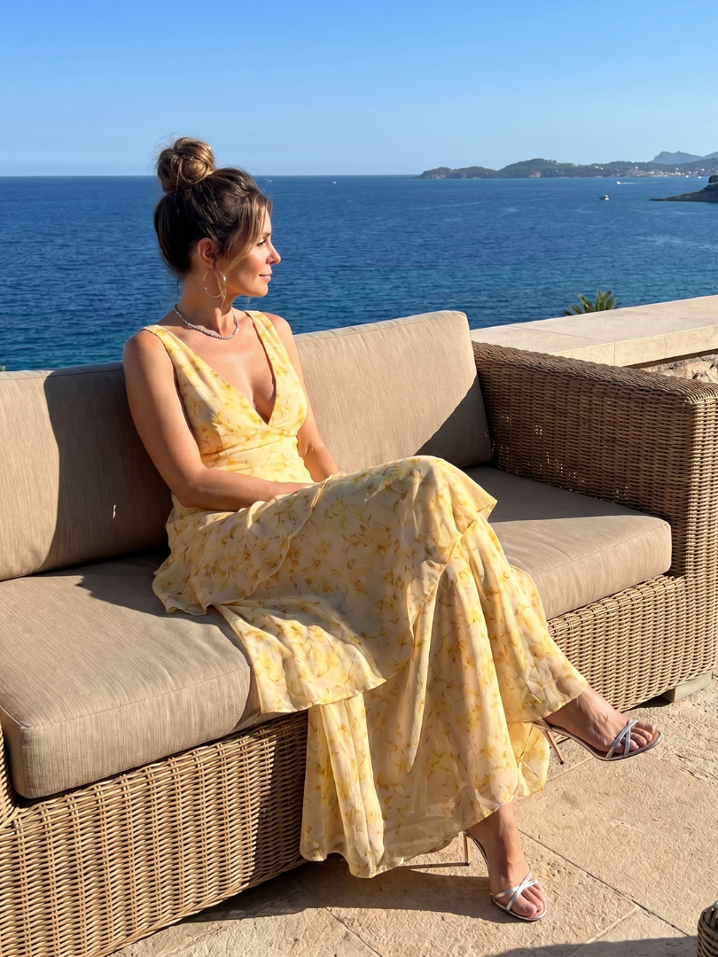 Gala™ | Deep V Sleeveless Painterly Pattern Midi Dress
