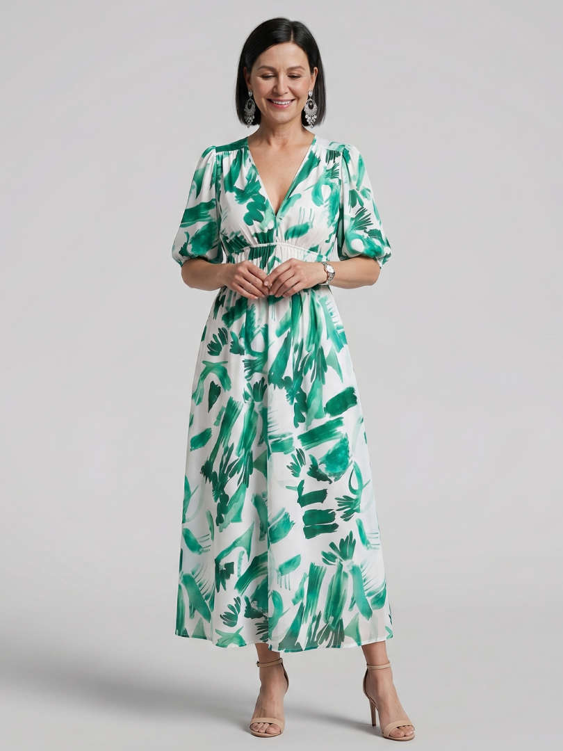 Candlia™ | Puff Sleeve V Neck Abstract Print Midi Dress