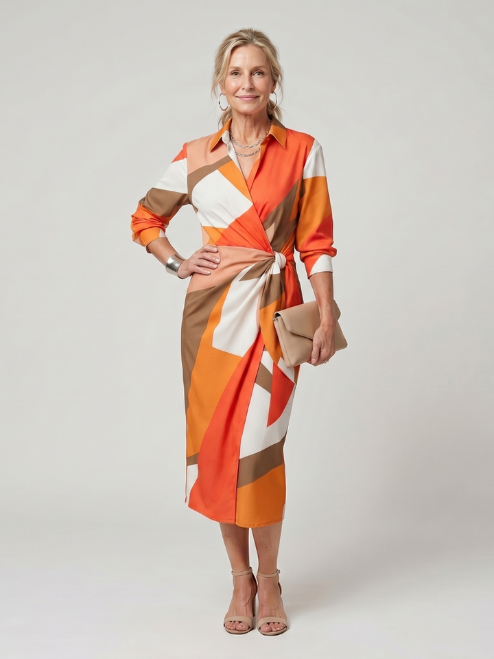 Leya™ | Long Sleeve Collared Wrap Stripe Pattern Midi Dress