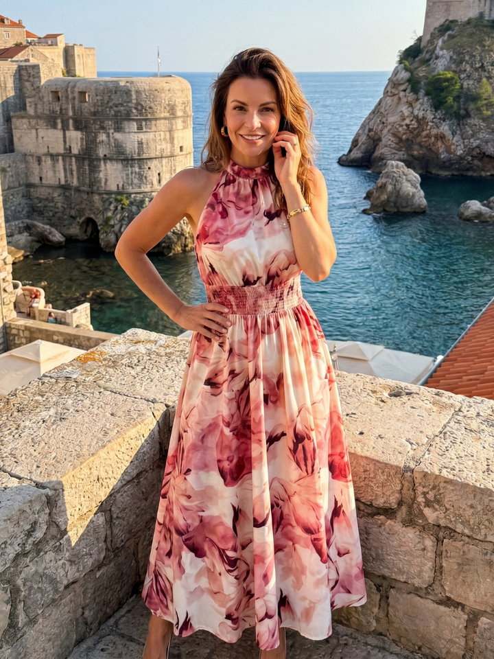 Dottie™ | Gathered Waist Abstract Print Midi Dress