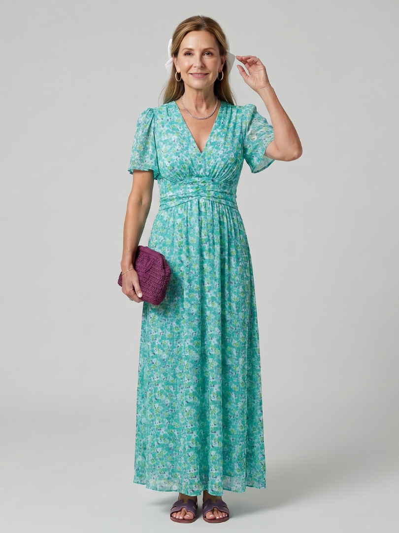 Cynthia™ | Short Sleeve Ditsy Floral Print Midi Dress