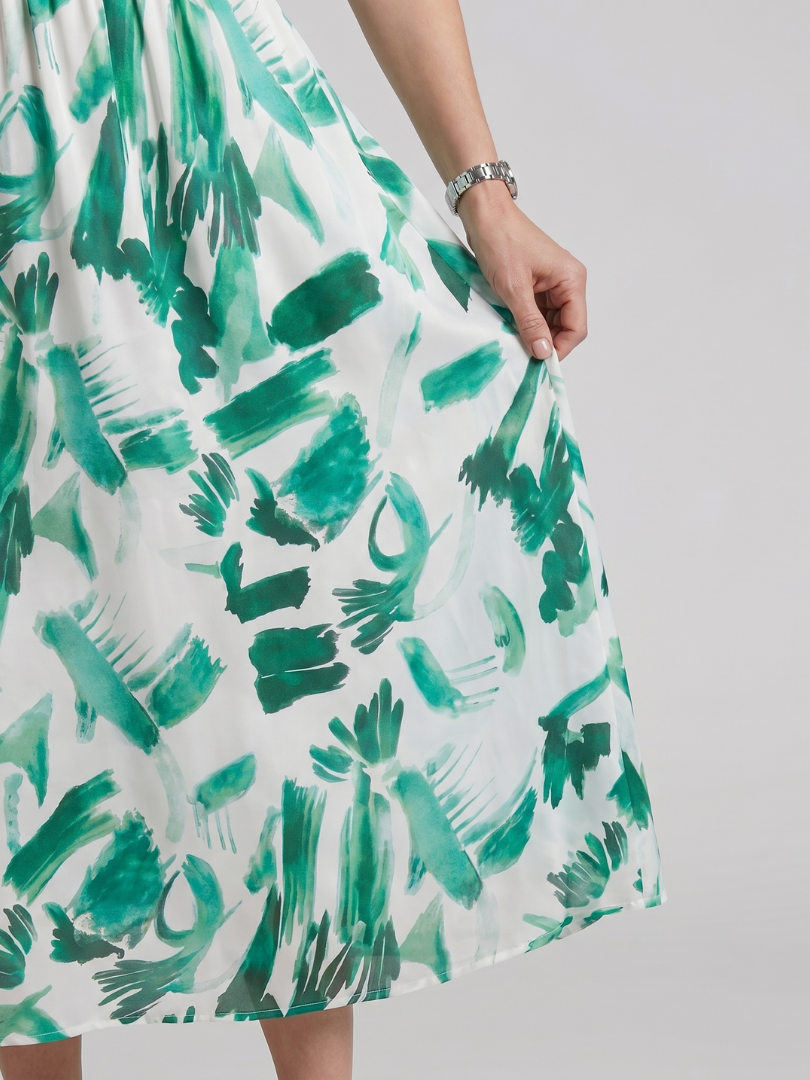 Candlia™ | Puff Sleeve V Neck Abstract Print Midi Dress