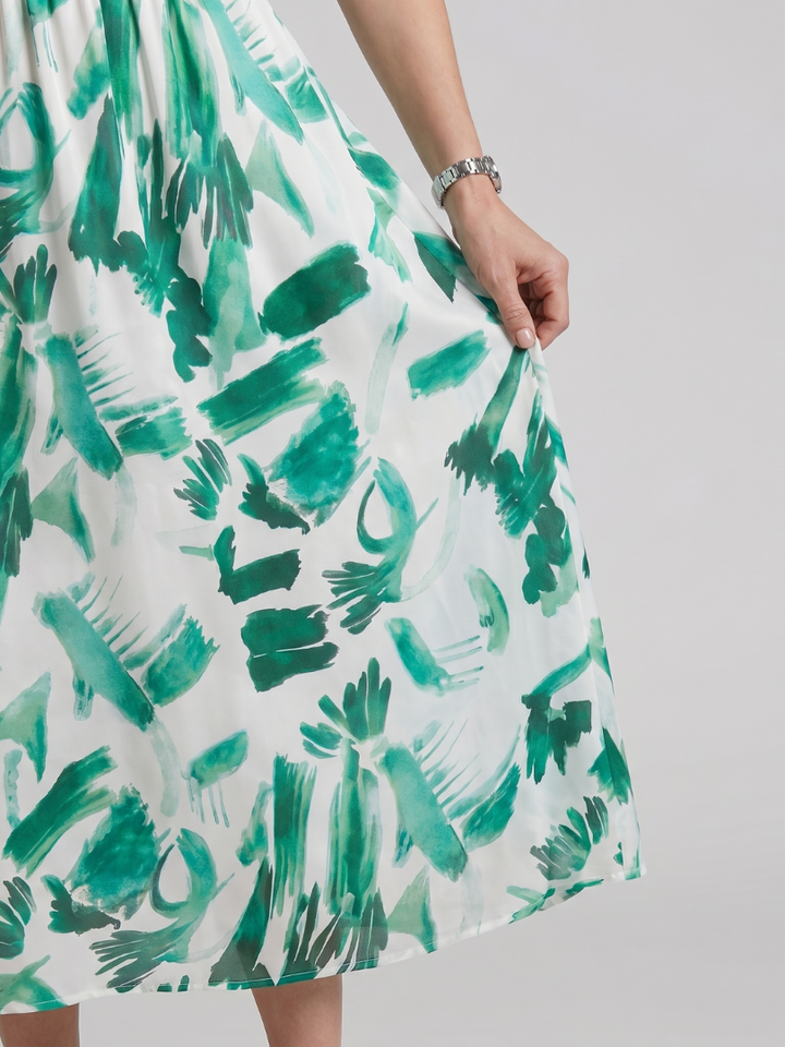 Candlia™ | Puff Sleeve V Neck Abstract Print Midi Dress