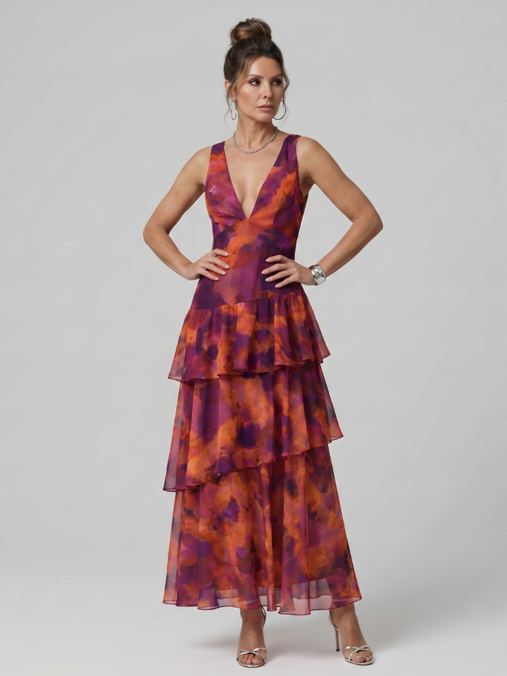 Gala™ | Deep V Sleeveless Painterly Pattern Midi Dress