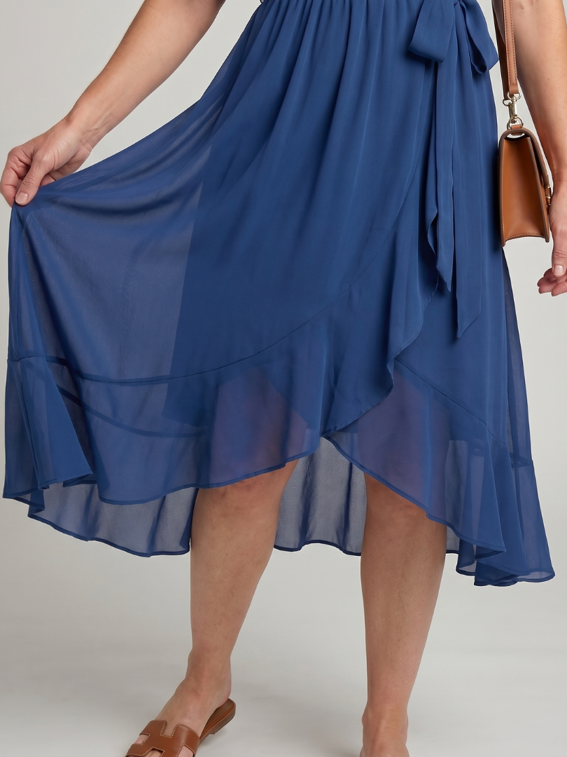 Keziah™ | Short Sleeve Wrap Soft Flowing Hem Midi Dress