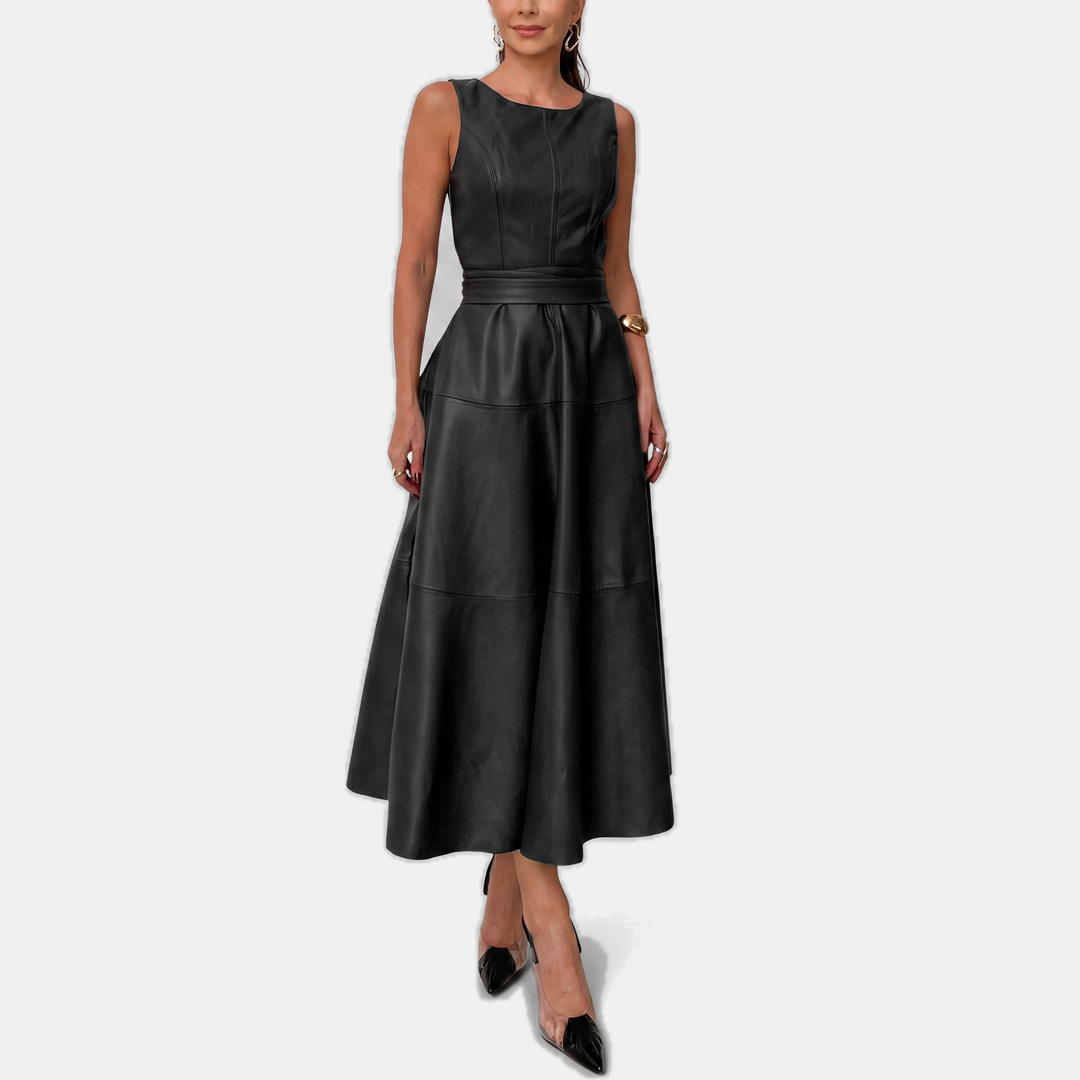 Faux Leather Belted Midi Dress