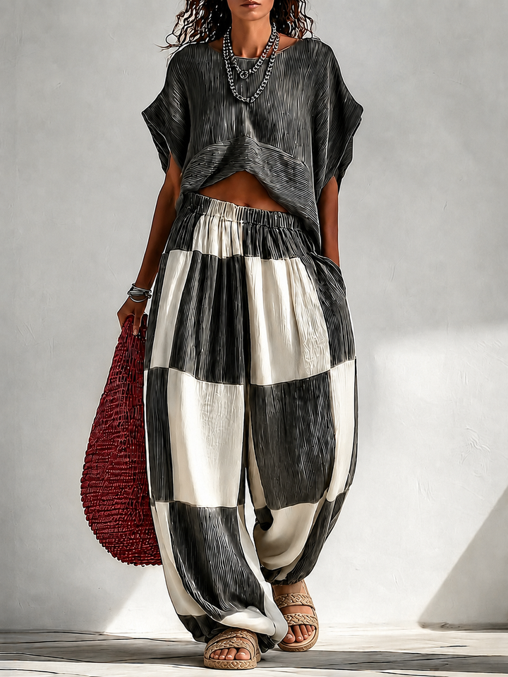 Pleated Crop Top &amp; Color Block Wide Leg Plaid Pants Two Piece Vacation Set