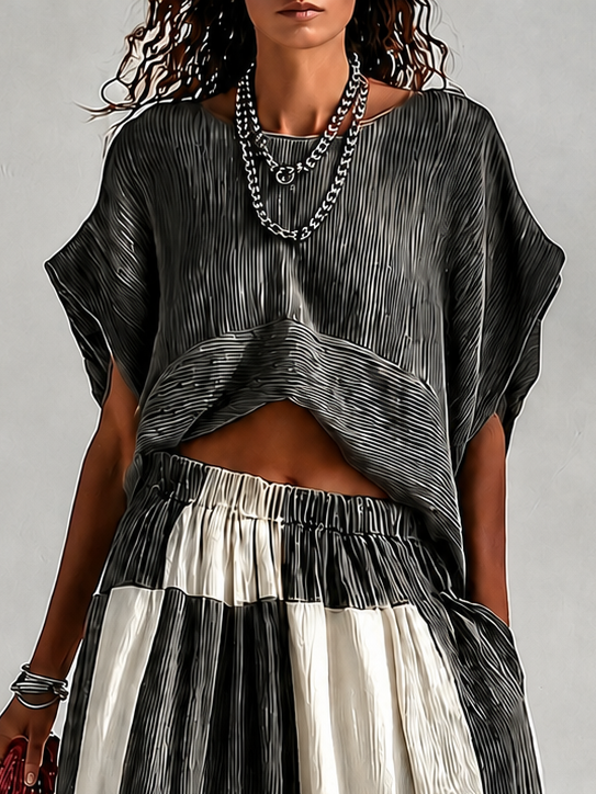 Pleated Crop Top &amp; Color Block Wide Leg Plaid Pants Two Piece Vacation Set