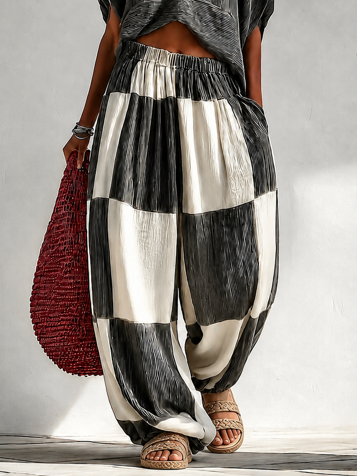 Pleated Crop Top &amp; Color Block Wide Leg Plaid Pants Two Piece Vacation Set