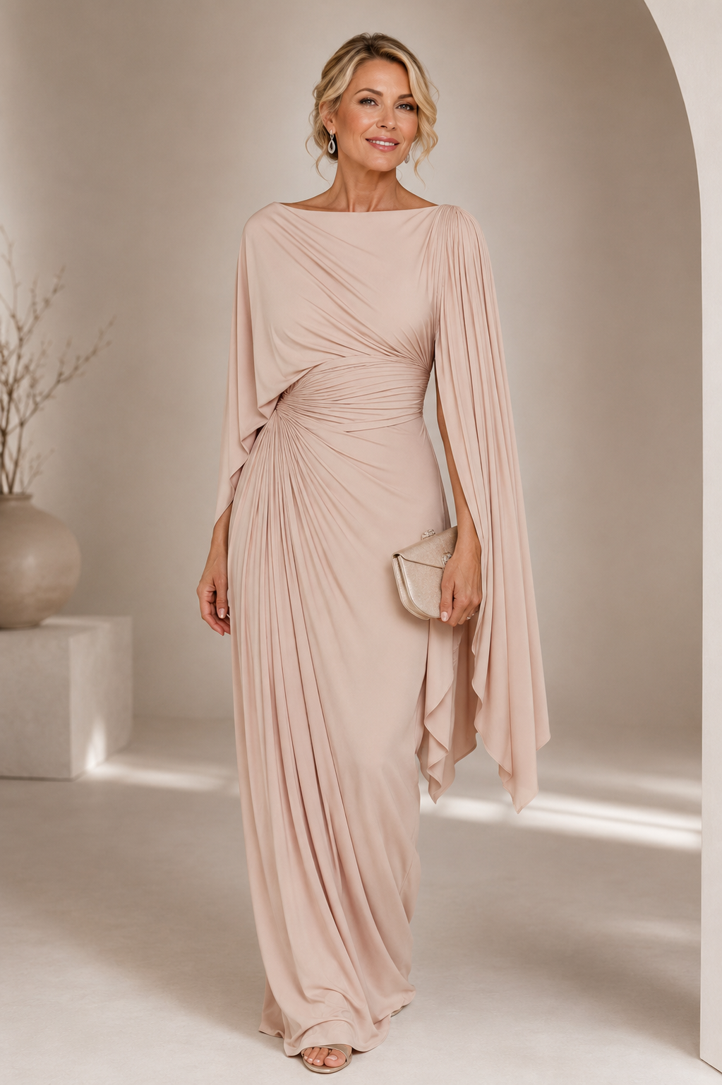 Annisa™ | Cape-sleeve maxi dress with ruched waist