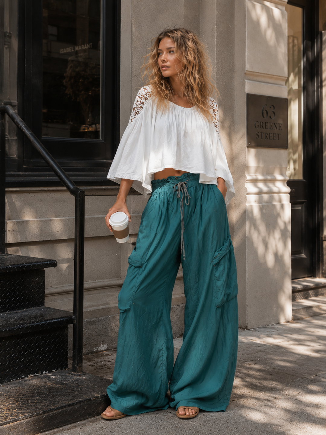 Vintage-style Boho White Shirt And Teal Utility Trousers Cotton-linen Set