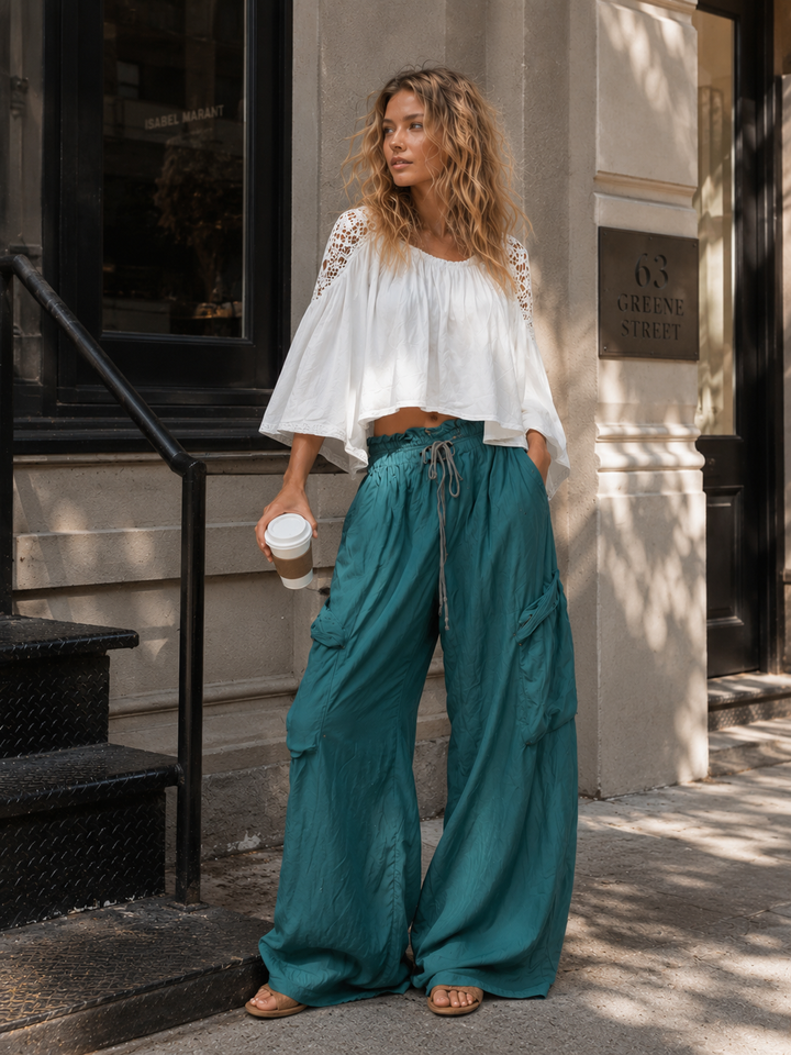 Vintage-style Boho White Shirt And Teal Utility Trousers Cotton-linen Set