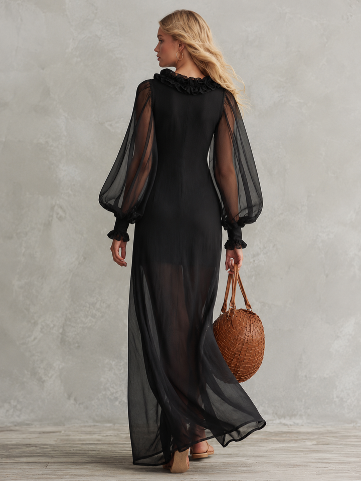 Elegant Black Sheer Mesh Ruffle-Neck Long-Sleeve Cotton-Lined Maxi Dress
