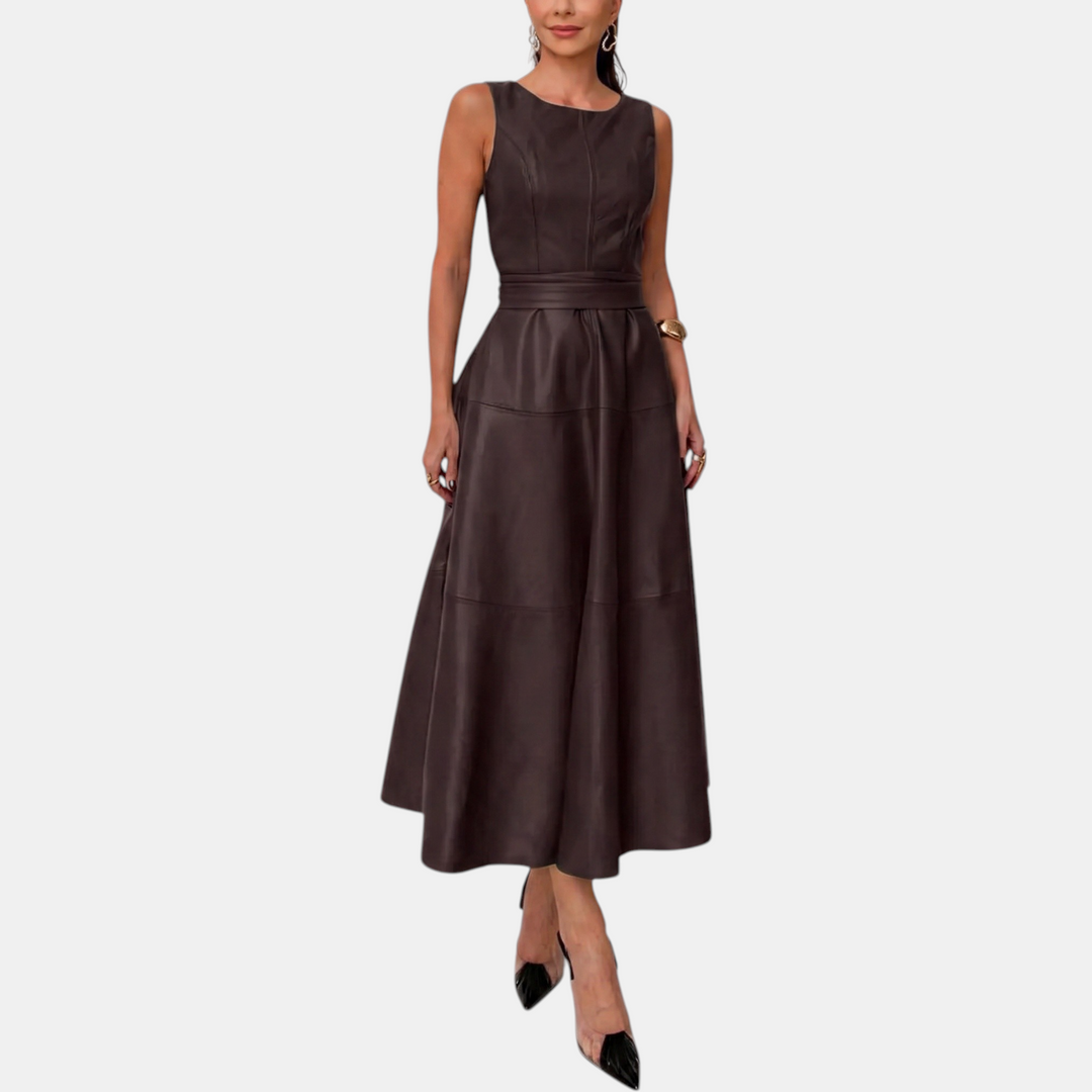 Faux Leather Belted Midi Dress