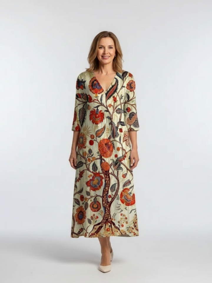 Corisande™ | V Neck Long Sleeve Floral Midi Dress