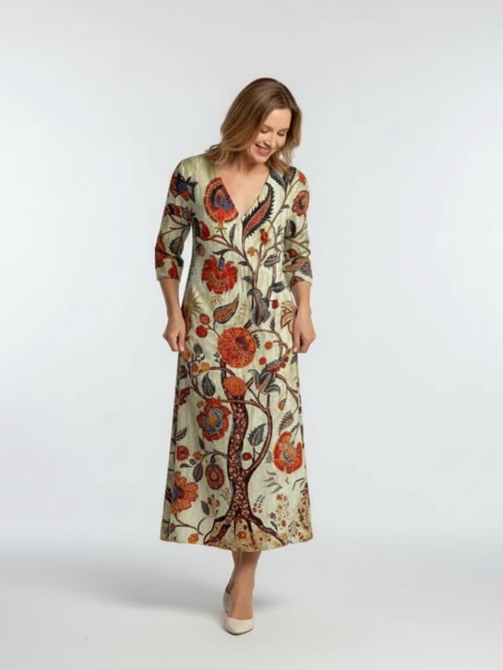 Corisande™ | V Neck Long Sleeve Floral Midi Dress