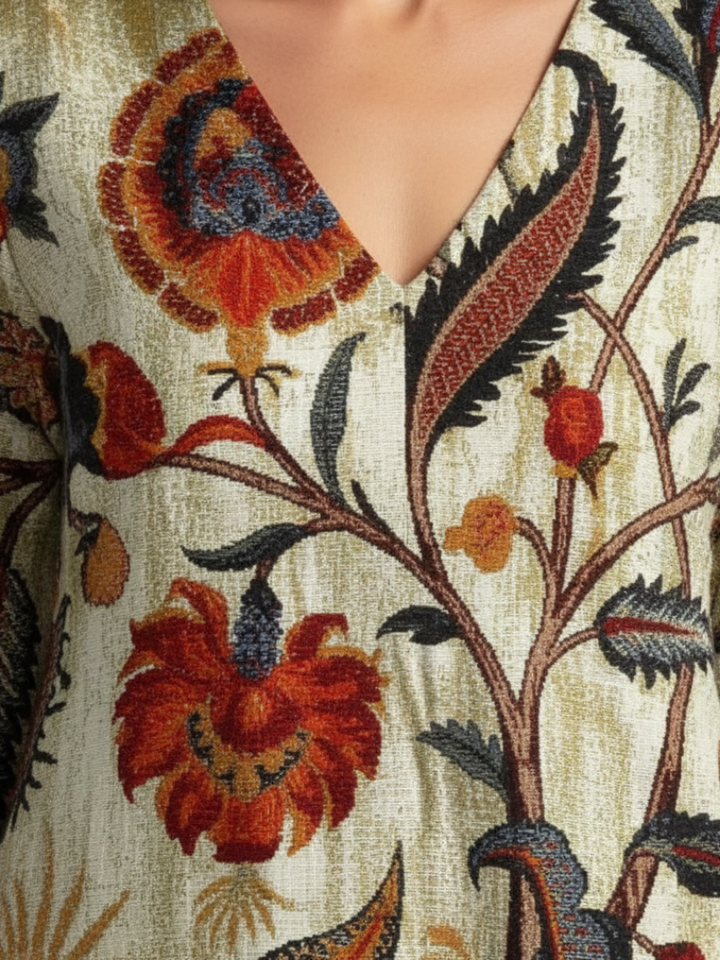 Corisande™ | V Neck Long Sleeve Floral Midi Dress